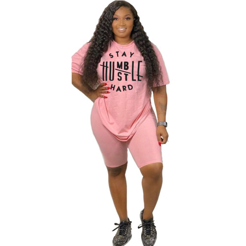 Pink Letter Graphic Two Piece Shorts Set
