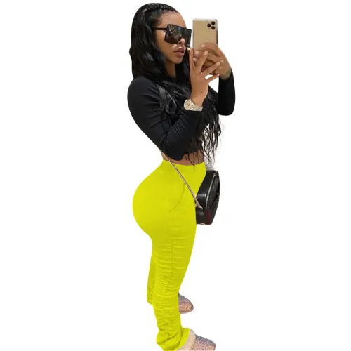 Yellow Cotton Stacked Pants