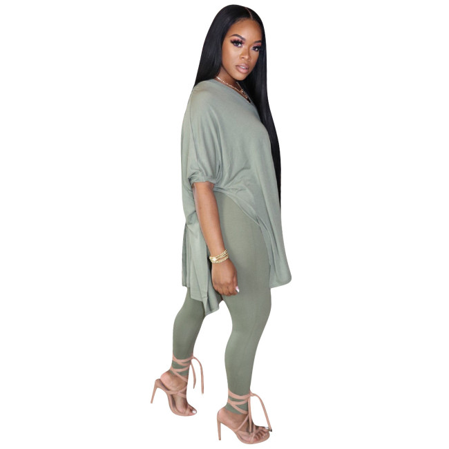Mint Green V Neck Irregular Hem Two Piece Pants Set