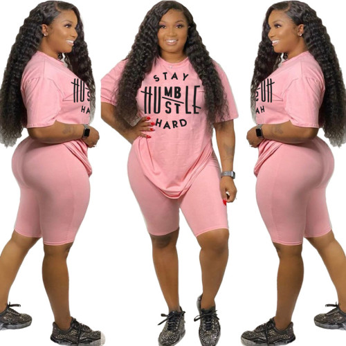 Pink Letter Graphic Two Piece Shorts Set