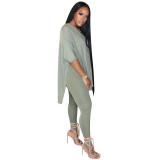 Mint Green V Neck Irregular Hem Two Piece Pants Set