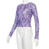 Purple Flame Printed Mesh Top with Sleeve