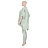 Mint Green V Neck Irregular Hem Two Piece Pants Set