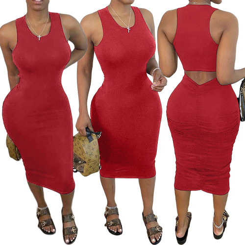 Red Scrunch Back Cutout Sleeveless Midi Dress