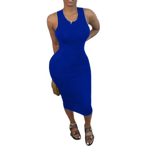 Blue Scrunch Back Cutout Sleeveless Midi Dress