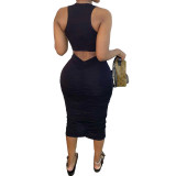 Black Scrunch Back Cutout Sleeveless Midi Dress