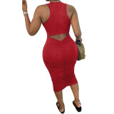 Red Scrunch Back Cutout Sleeveless Midi Dress