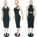 Black Scrunch Back Cutout Sleeveless Midi Dress