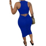 Blue Scrunch Back Cutout Sleeveless Midi Dress