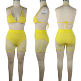Rhinestone Yellow Mesh Bra Top & Shorts Set
