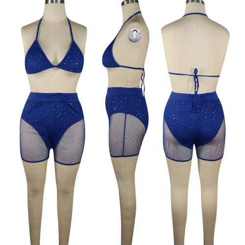 Rhinestone Royal Blue Mesh Bra Top & Shorts Set