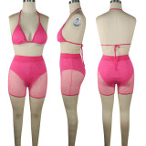 Rhinestone Hot Pink Mesh Bra Top & Shorts Set