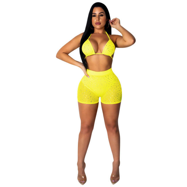 Rhinestone Yellow Mesh Bra Top & Shorts Set