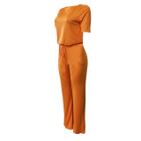 Orange Short Sleeve Back Keyhole Jumpsuit