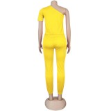 Yellow One Shoulder Cotton Like Jumpsuit