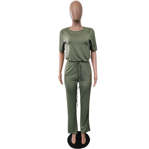 Army Green Short Sleeve Back Keyhole Jumpsuit