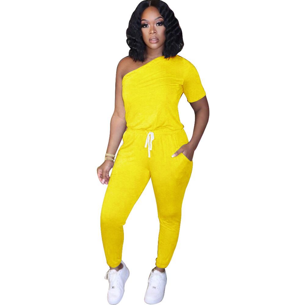 Yellow One Shoulder Cotton Like Jumpsuit US$ 6.81 - www.lover-pretty.com