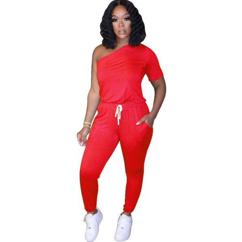 Red One Shoulder Cotton Like Jumpsuit