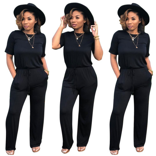 Black Short Sleeve Back Keyhole Jumpsuit