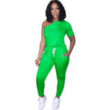 Green One Shoulder Cotton Like Jumpsuit