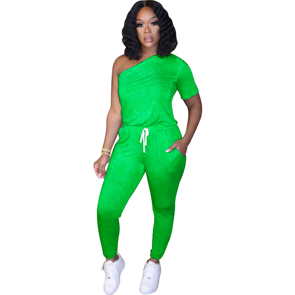 Green One Shoulder Cotton Like Jumpsuit US$ 6.81 - www.lover-pretty.com