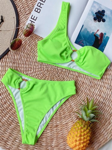 Neon Green One Shoulder O-Ring Two Piece  Swimwear