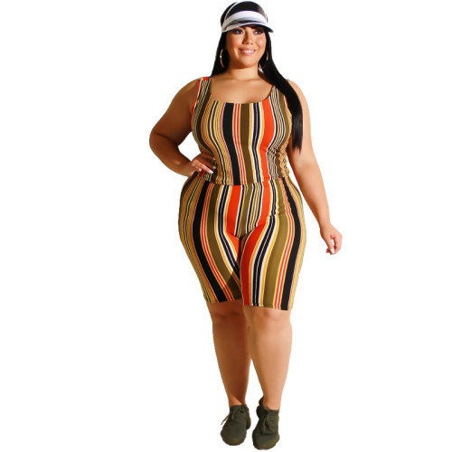 Plus Size Striped Tank Top and Biker Shorts