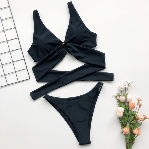 Black O-Ring Tie Back Two Piece Swimsuit