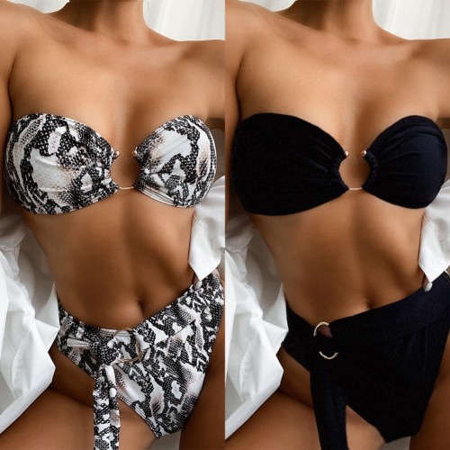 Black O-Ring High Waist Bandeau Belted Swimsuit