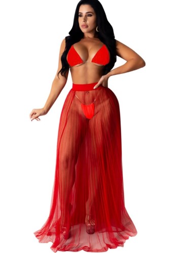 Red Clear Strap Triangle Bikini Set with Cover Up