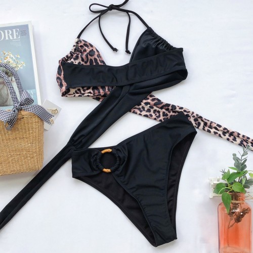 Black Contrast Leopard Wrap O-Ring Halter Swimsuit