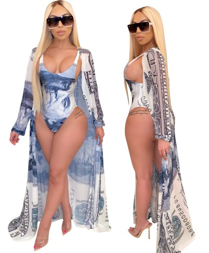 Dollars Blue Print One Piece Swimwear with Cover Up