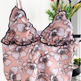 Floral Print Ruffle Hem Straps One Piece Swimwear