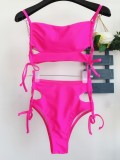 Hot Pink Cut Out High Waist Lace-up Swimsuit