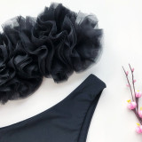 Black Mesh 3D Floral Bandeau High Leg Bikini Set