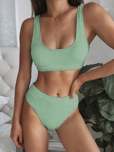 Green Scoop Neck Two Piece High Waist Swimwear