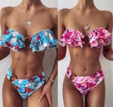 Pink Butterfly Print Strapless O-Ring Ruffle Bikini Swimsuit