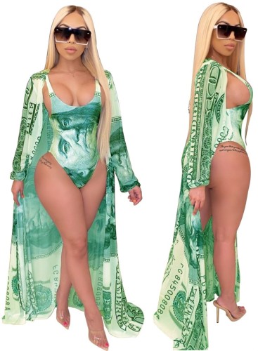 Green Dollar Print One Piece Swimwear with Cover Up