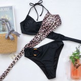 Black Contrast Leopard Wrap O-Ring Halter Swimsuit