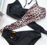 Black Contrast Leopard Wrap O-Ring Halter Swimsuit