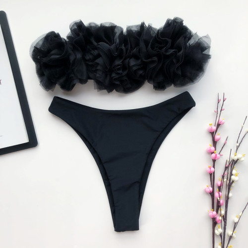 Black Mesh 3D Floral Bandeau High Leg Bikini Set