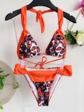 Orange Leopard Halter Tie Back Bikini Swimsuit