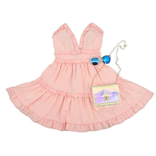 Pink Frilled Deep-V Short Cami Dress