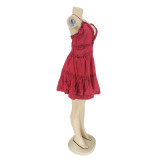 Burgundy Frilled Deep-V Short Cami Dress