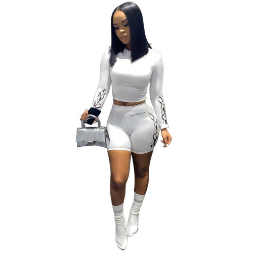 Print White Long Sleeve Tight Crop Top & Shorts Set