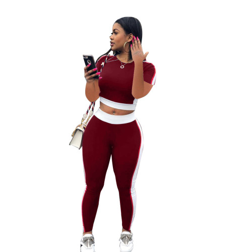 Burgundy Two Piece Pants Set with Contrast Panel