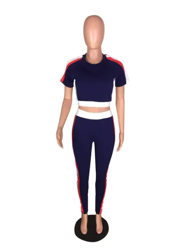 Navy Two Piece Pants Set with Contrast Panel
