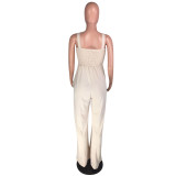Beige Wide Straps Shirred Jumpsuit