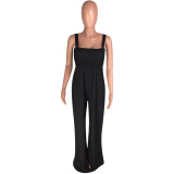 Black Wide Straps Shirred Jumpsuit