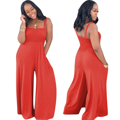 Red Wide Straps Shirred Jumpsuit